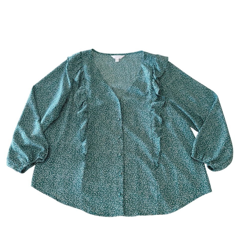 LC Lauren Conrad Green Floral Ruffle V-Neck Button Front Blouse XXL Cottagecore
